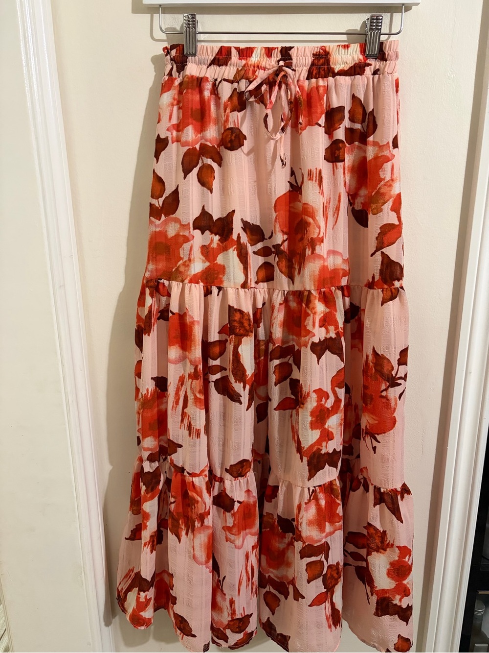 Sincerely Jules Pink Maxi Skirt with Red & Brown Floral Print